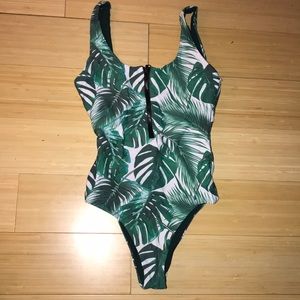 Reversible palm leaf/green one-piece swimsuit
